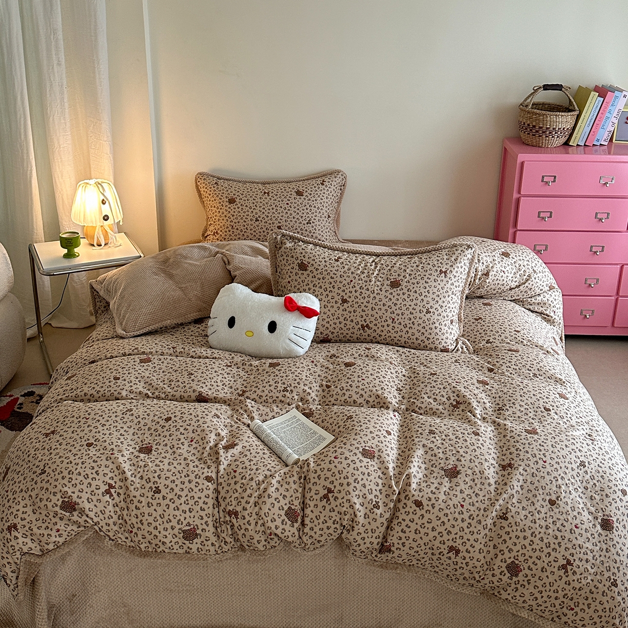 柚子YOUTH 2025新款全棉双层纱华夫格提花暖绒四件套 咖豹纹