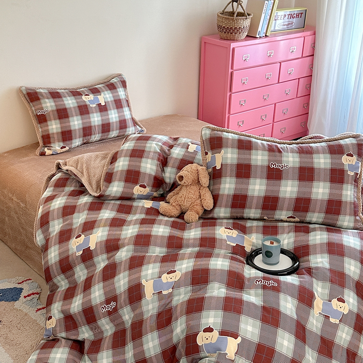 91家纺网 家纺一手货源 找家纺 柚子YOUTH 2025新款全棉双层纱华夫格提花暖绒四件套 ins咖格