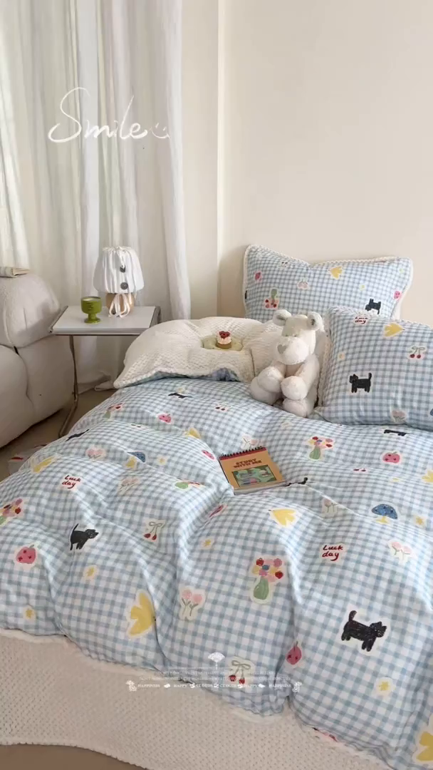 91家纺网 家纺一手货源 找家纺 柚子YOUTH 2025新款全棉双层纱华夫格提花暖绒四件套 兰格蜡笔画