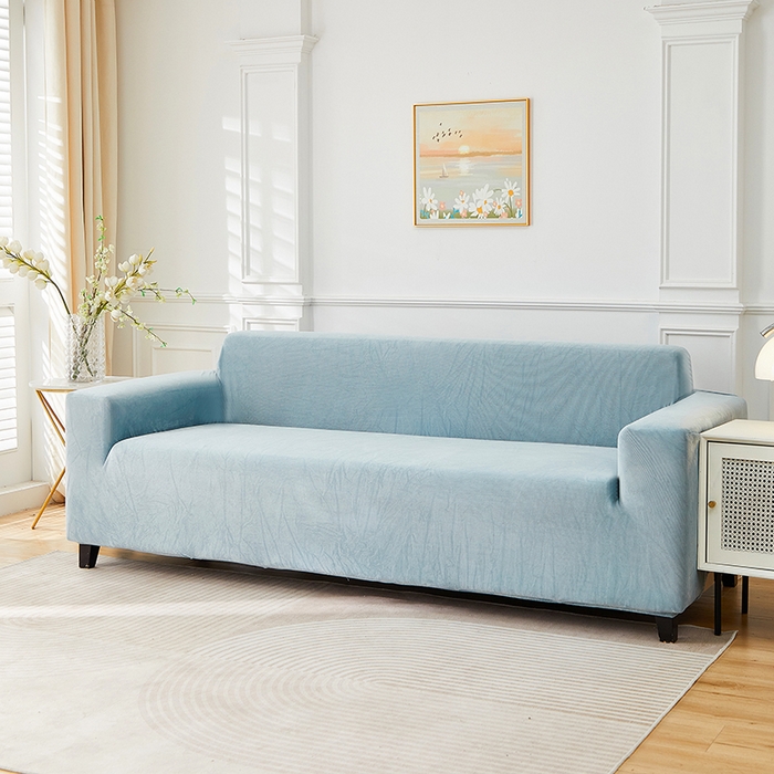 91家纺网 家纺一手货源 找家纺 丝绮鹿 2025新款灯芯绒系列沙发套-竖条-无裙摆 雾蓝