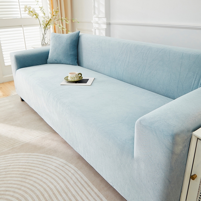 91家纺网 家纺一手货源 找家纺 丝绮鹿 2025新款灯芯绒系列沙发套-竖条-无裙摆 雾蓝
