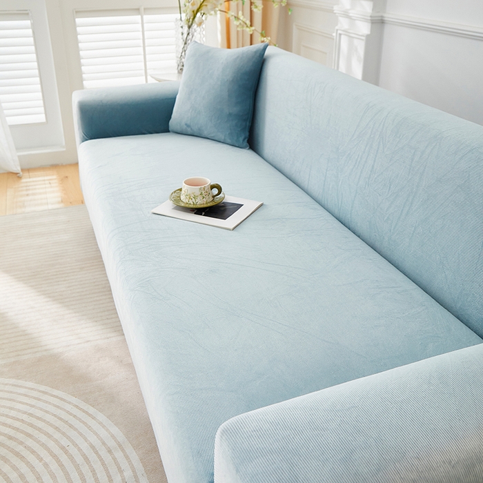 91家纺网 家纺一手货源 找家纺 丝绮鹿 2025新款灯芯绒系列沙发套-竖条-无裙摆 雾蓝