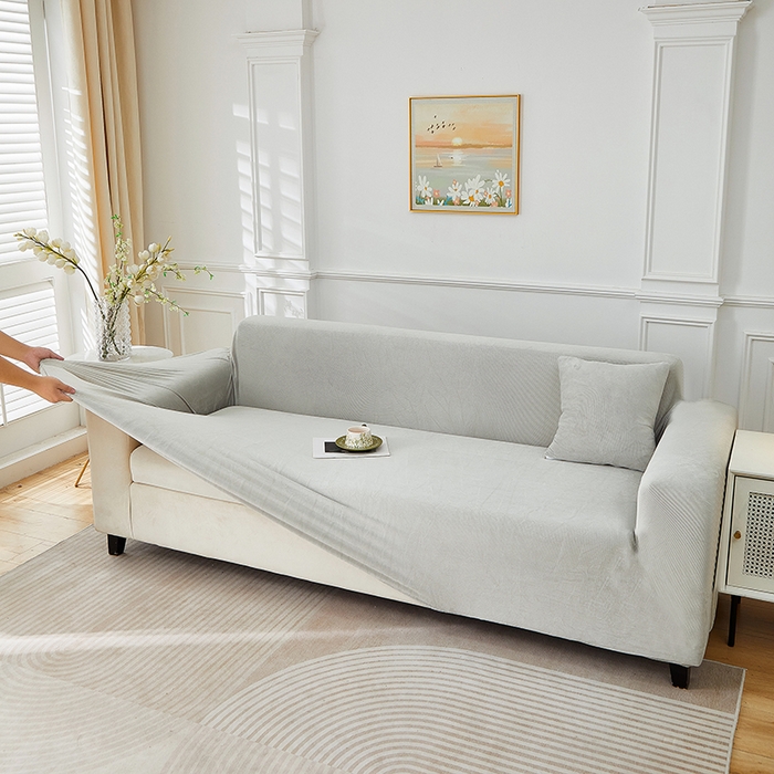 91家纺网 家纺一手货源 找家纺 丝绮鹿 2025新款灯芯绒系列沙发套-竖条-无裙摆 浅灰