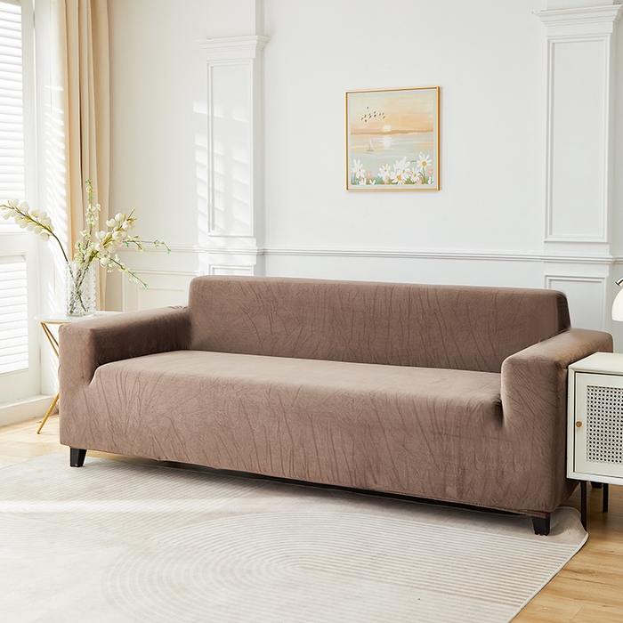 91家纺网 家纺一手货源 找家纺 丝绮鹿 2025新款灯芯绒系列沙发套-竖条-无裙摆 浅咖