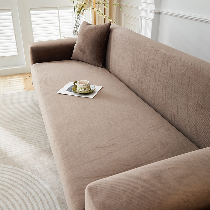 91家纺网 家纺一手货源 找家纺 丝绮鹿 2025新款灯芯绒系列沙发套-竖条-无裙摆 浅咖