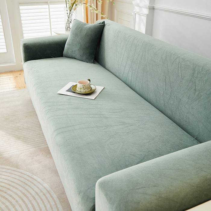 91家纺网 家纺一手货源 找家纺 丝绮鹿 2025新款灯芯绒系列沙发套-竖条-无裙摆 青绿
