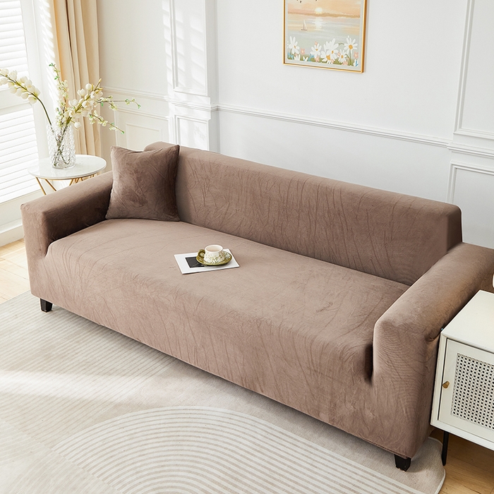 91家纺网 家纺一手货源 找家纺 丝绮鹿 2025新款灯芯绒系列沙发套-竖条-无裙摆 浅咖