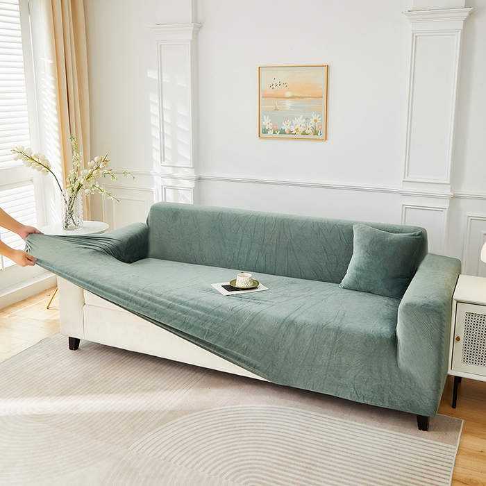 91家纺网 家纺一手货源 找家纺 丝绮鹿 2025新款灯芯绒系列沙发套-竖条-无裙摆 青绿