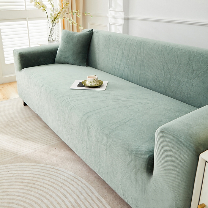 91家纺网 家纺一手货源 找家纺 丝绮鹿 2025新款灯芯绒系列沙发套-竖条-无裙摆 青绿