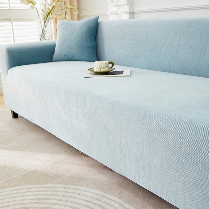 91家纺网 家纺一手货源 找家纺 丝绮鹿 2025新款灯芯绒系列沙发套-竖条-无裙摆 雾蓝