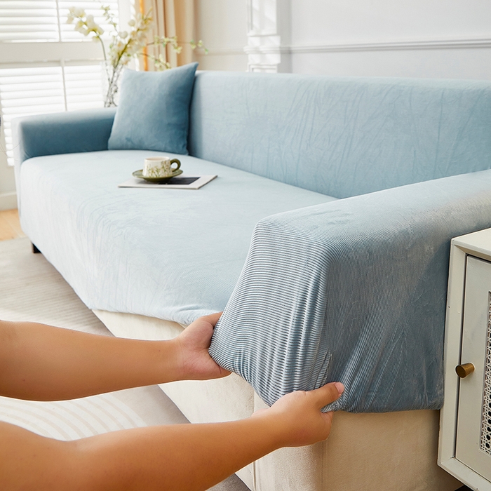 91家纺网 家纺一手货源 找家纺 丝绮鹿 2025新款灯芯绒系列沙发套-竖条-无裙摆 雾蓝