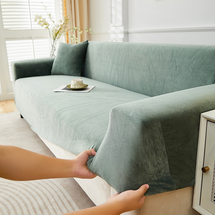 91家纺网 家纺一手货源 找家纺 丝绮鹿 2025新款灯芯绒系列沙发套-竖条-无裙摆 青绿
