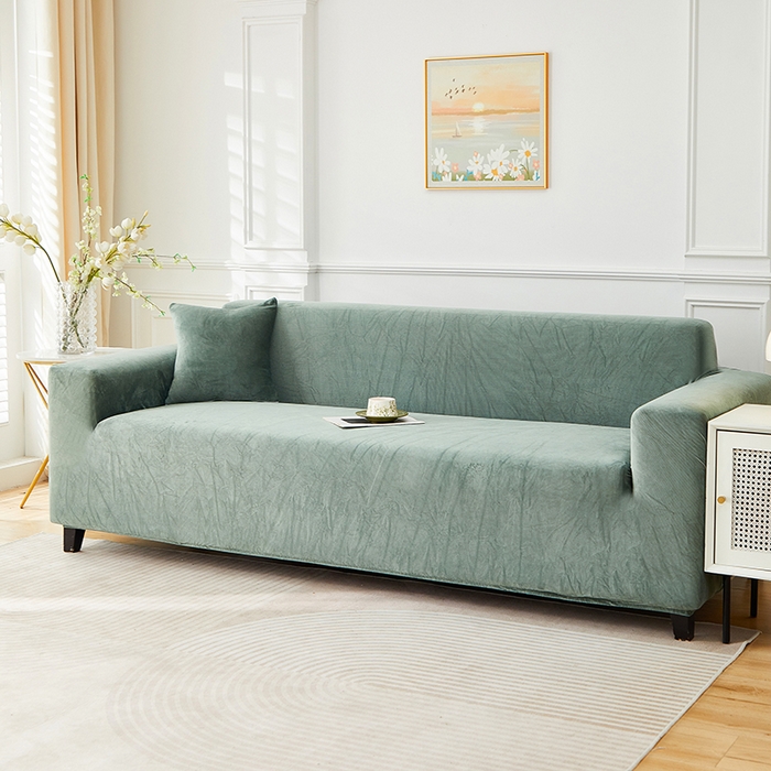 91家纺网 家纺一手货源 找家纺 丝绮鹿 2025新款灯芯绒系列沙发套-竖条-无裙摆 青绿