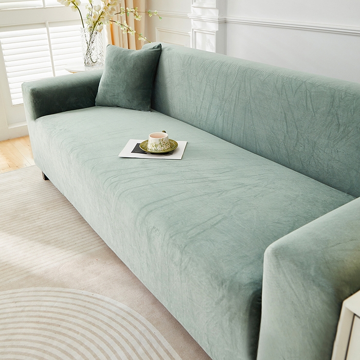 91家纺网 家纺一手货源 找家纺 丝绮鹿 2025新款灯芯绒系列沙发套-竖条-无裙摆 青绿