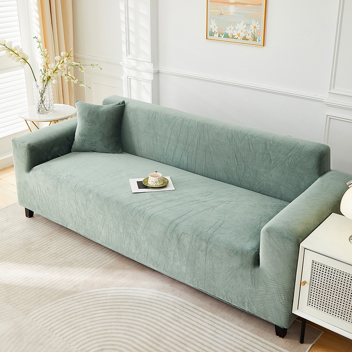 91家纺网 家纺一手货源 找家纺 丝绮鹿 2025新款灯芯绒系列沙发套-竖条-无裙摆 青绿