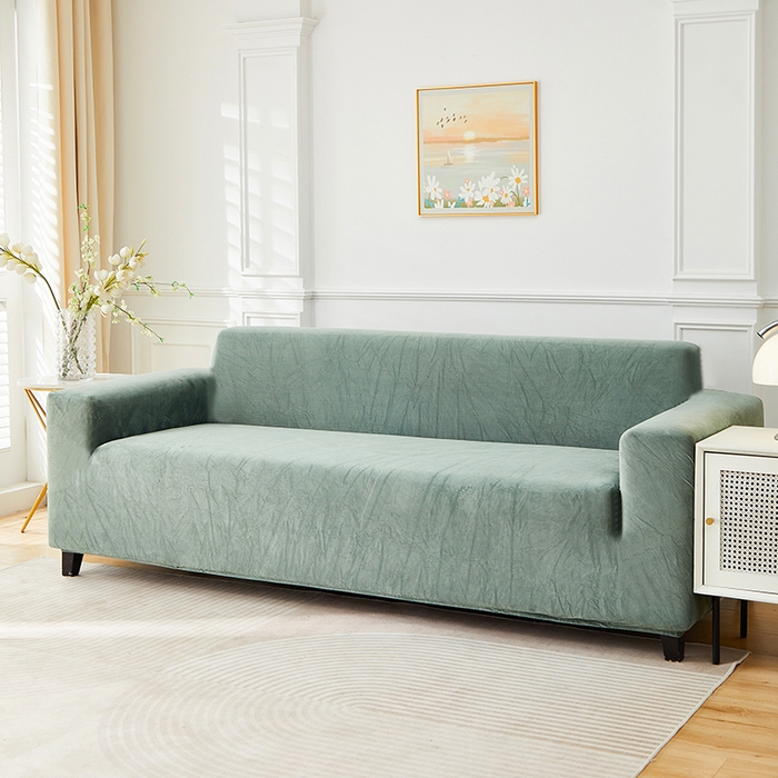 91家纺网 家纺一手货源 找家纺 丝绮鹿 2025新款灯芯绒系列沙发套-竖条-无裙摆 青绿