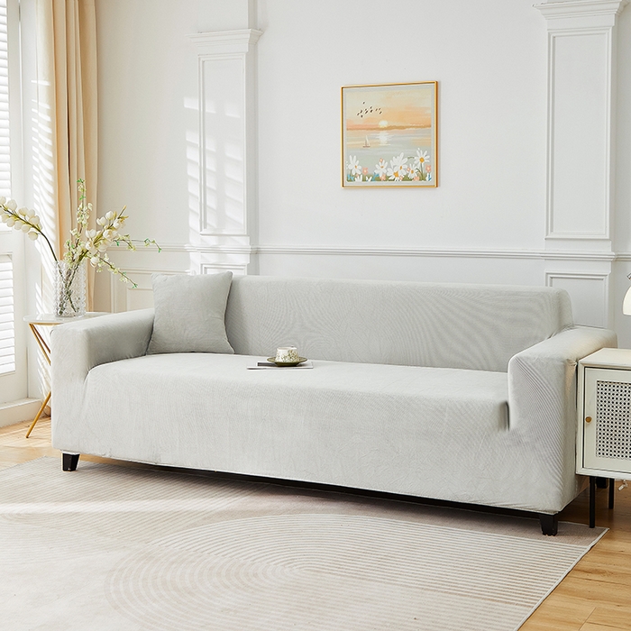 91家纺网 家纺一手货源 找家纺 丝绮鹿 2025新款灯芯绒系列沙发套-竖条-无裙摆 浅灰