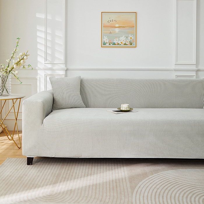 91家纺网 家纺一手货源 找家纺 丝绮鹿 2025新款灯芯绒系列沙发套-竖条-无裙摆 浅灰