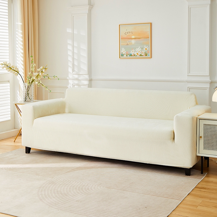 91家纺网 家纺一手货源 找家纺 丝绮鹿 2025新款灯芯绒系列沙发套-竖条-无裙摆 米白