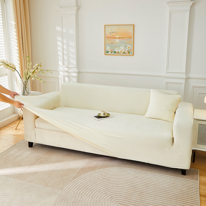 91家纺网 家纺一手货源 找家纺 丝绮鹿 2025新款灯芯绒系列沙发套-竖条-无裙摆 米白