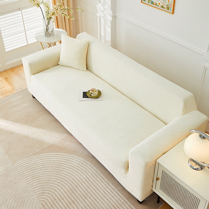 91家纺网 家纺一手货源 找家纺 丝绮鹿 2025新款灯芯绒系列沙发套-竖条-无裙摆 米白