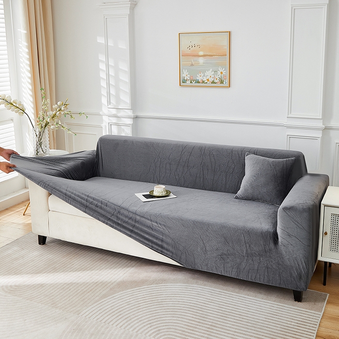 91家纺网 家纺一手货源 找家纺 丝绮鹿 2025新款灯芯绒系列沙发套-竖条-无裙摆 深灰