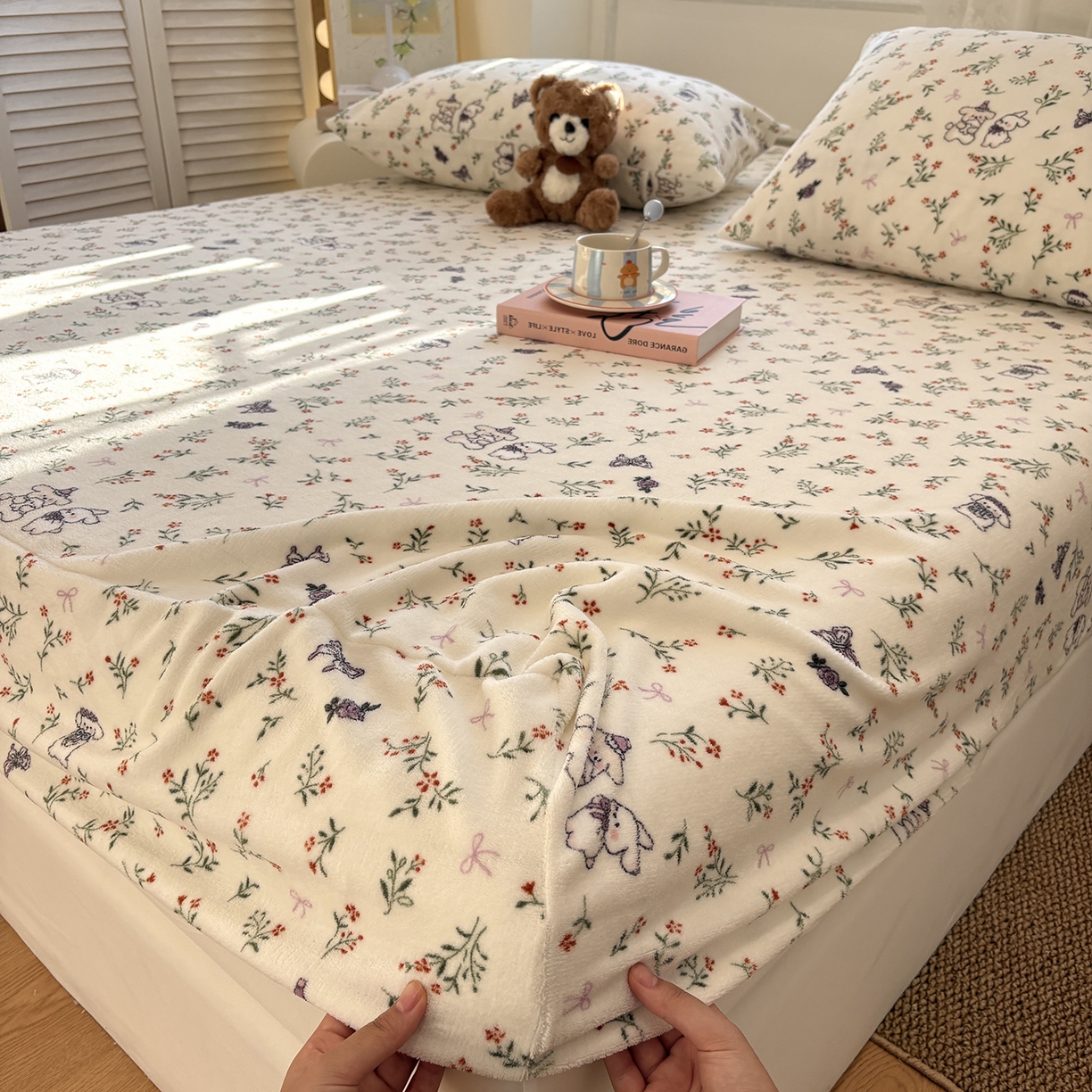 居眠 2025新款单层印花牛奶绒床笠 单层绒-芋泥小兔