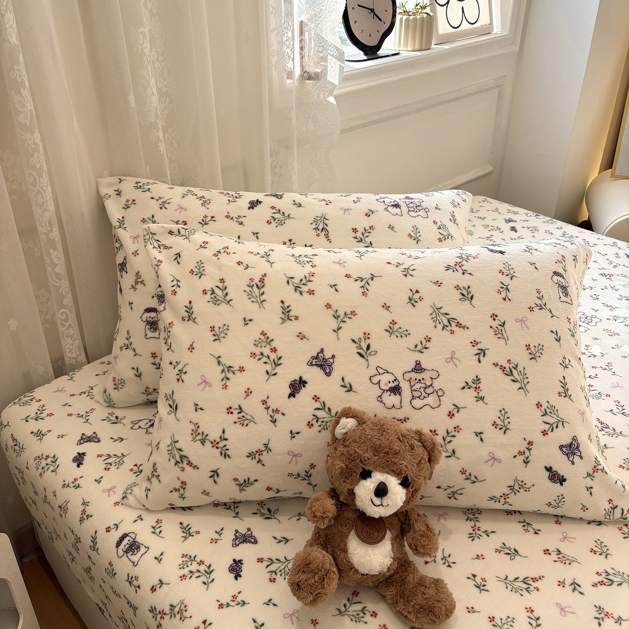 91家纺网 家纺一手货源 找家纺 居眠 2025新款单层印花牛奶绒床笠 单层绒-芋泥小兔