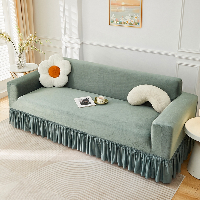 91家纺网 家纺一手货源 找家纺 （总）丝绮鹿 2025新款灯芯绒系列沙发套-竖条-裙摆