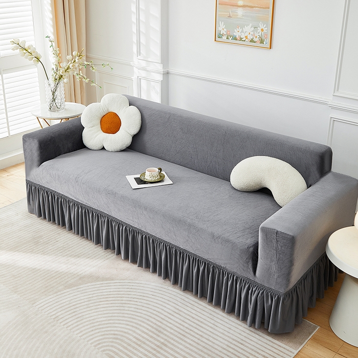 91家纺网 家纺一手货源 找家纺 丝绮鹿 2025新款灯芯绒系列沙发套-竖条-裙摆 深灰