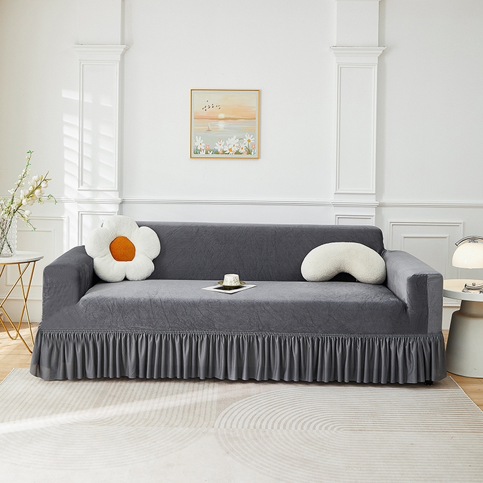 91家纺网 家纺一手货源 找家纺 丝绮鹿 2025新款灯芯绒系列沙发套-竖条-裙摆 深灰