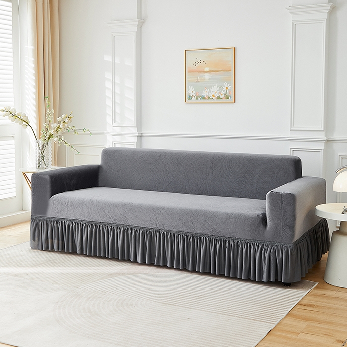 91家纺网 家纺一手货源 找家纺 丝绮鹿 2025新款灯芯绒系列沙发套-竖条-裙摆 深灰