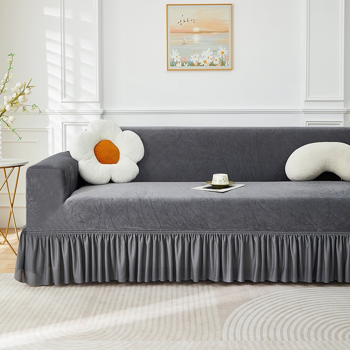 91家纺网 家纺一手货源 找家纺 丝绮鹿 2025新款灯芯绒系列沙发套-竖条-裙摆 深灰