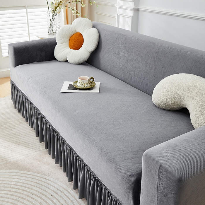 91家纺网 家纺一手货源 找家纺 丝绮鹿 2025新款灯芯绒系列沙发套-竖条-裙摆 深灰