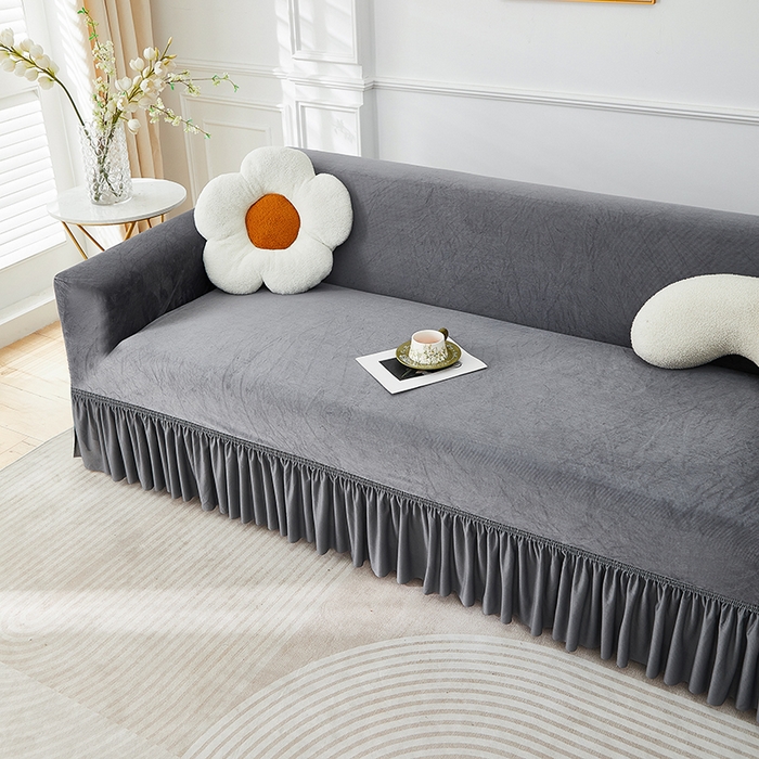 91家纺网 家纺一手货源 找家纺 丝绮鹿 2025新款灯芯绒系列沙发套-竖条-裙摆 深灰