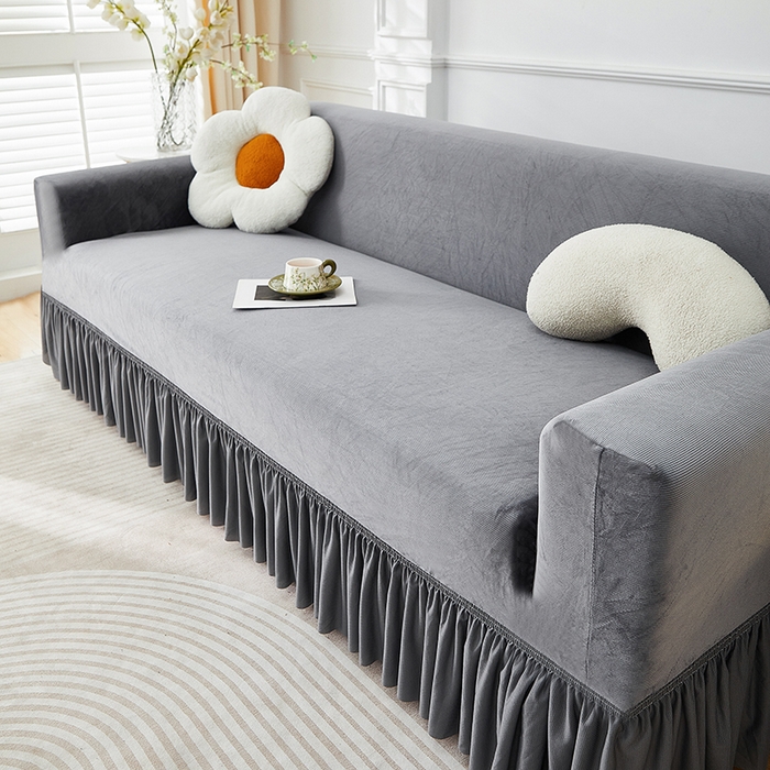 91家纺网 家纺一手货源 找家纺 丝绮鹿 2025新款灯芯绒系列沙发套-竖条-裙摆 深灰