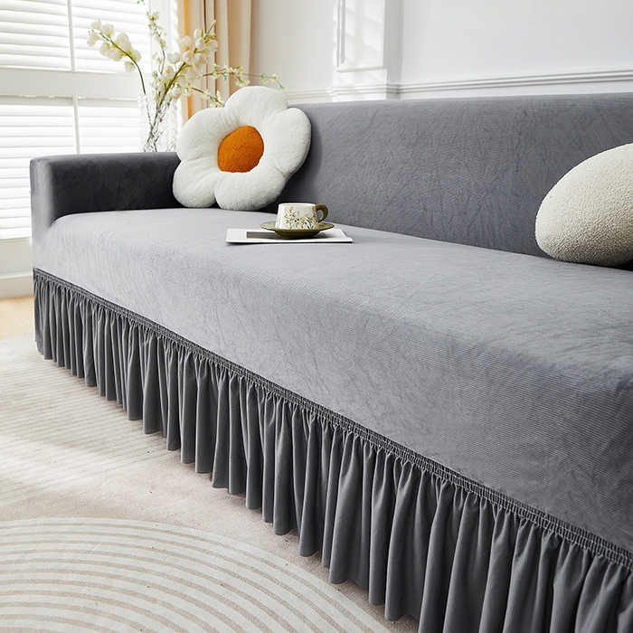 91家纺网 家纺一手货源 找家纺 丝绮鹿 2025新款灯芯绒系列沙发套-竖条-裙摆 深灰