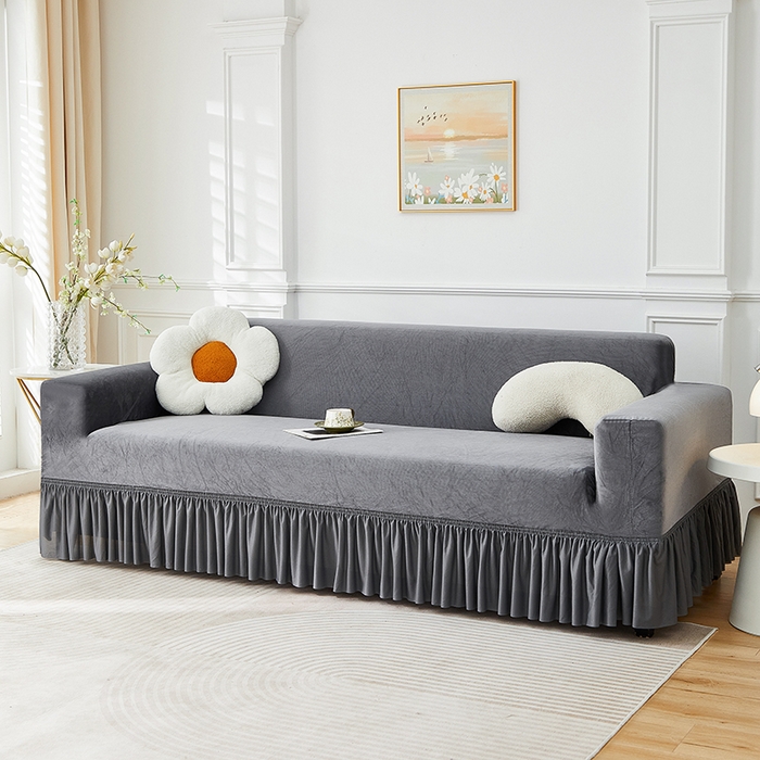 91家纺网 家纺一手货源 找家纺 丝绮鹿 2025新款灯芯绒系列沙发套-竖条-裙摆 深灰