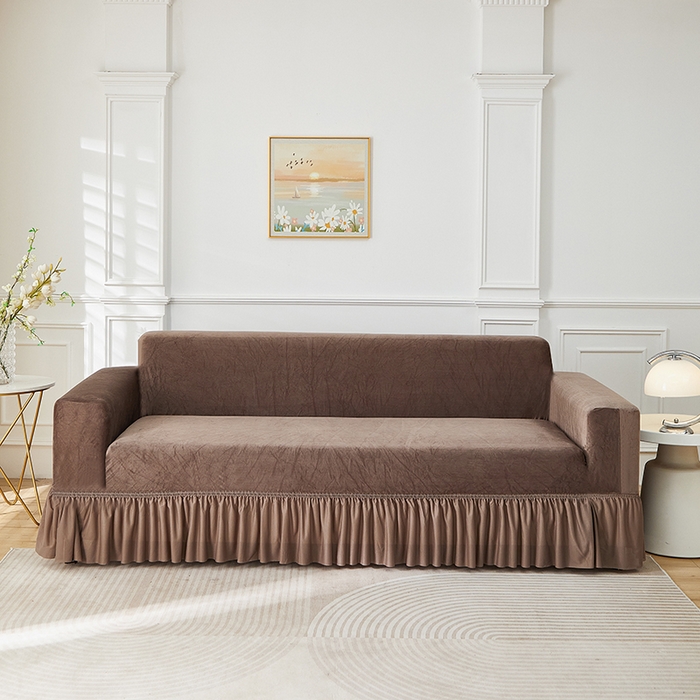 丝绮鹿 2025新款灯芯绒系列沙发套-竖条-裙摆 浅咖