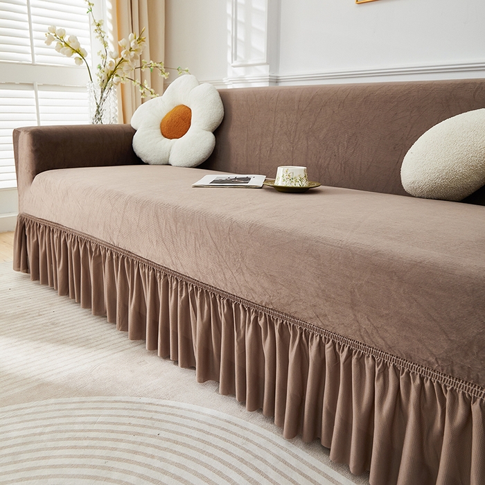 91家纺网 家纺一手货源 找家纺 丝绮鹿 2025新款灯芯绒系列沙发套-竖条-裙摆 浅咖