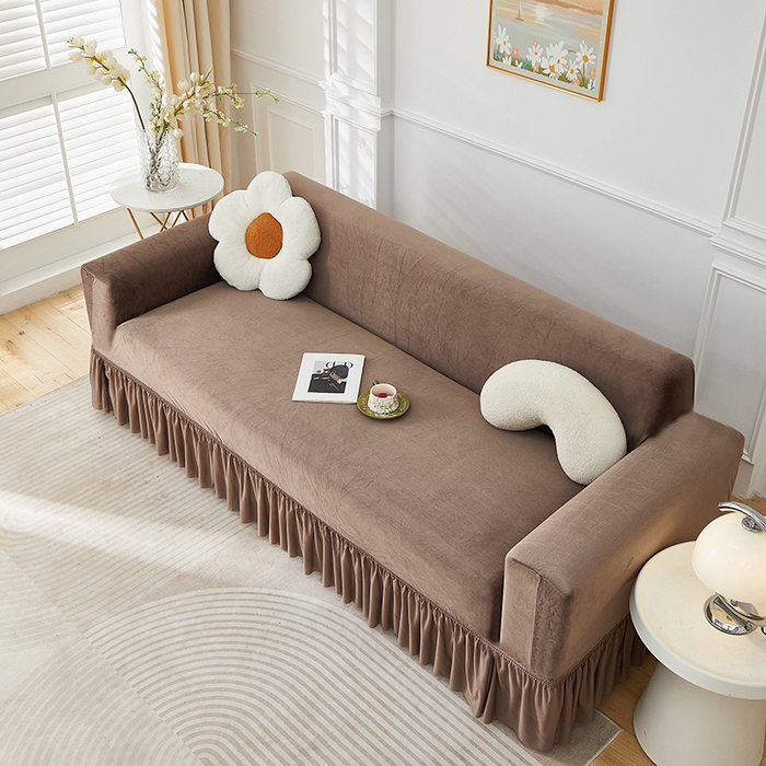 91家纺网 家纺一手货源 找家纺 丝绮鹿 2025新款灯芯绒系列沙发套-竖条-裙摆 浅咖