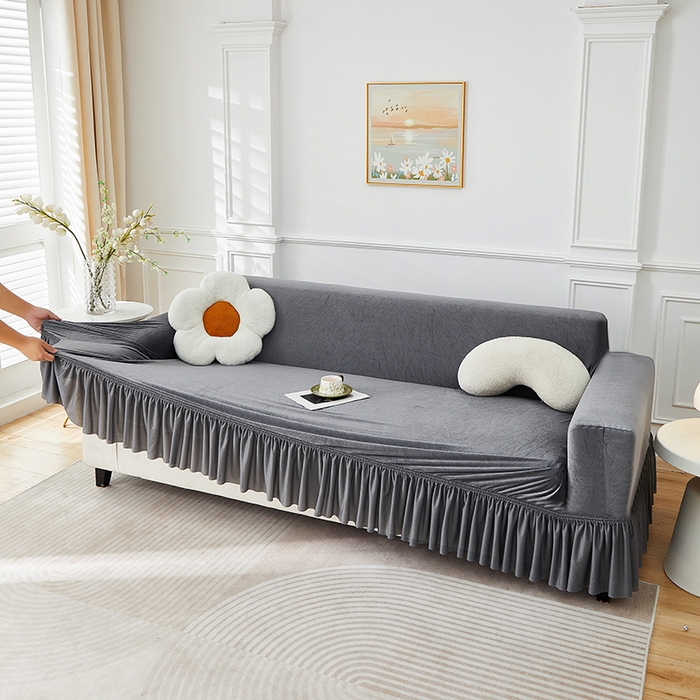 91家纺网 家纺一手货源 找家纺 丝绮鹿 2025新款灯芯绒系列沙发套-竖条-裙摆 深灰