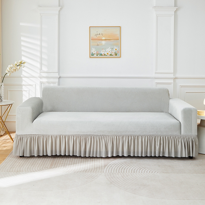 丝绮鹿 2025新款灯芯绒系列沙发套-竖条-裙摆 浅灰