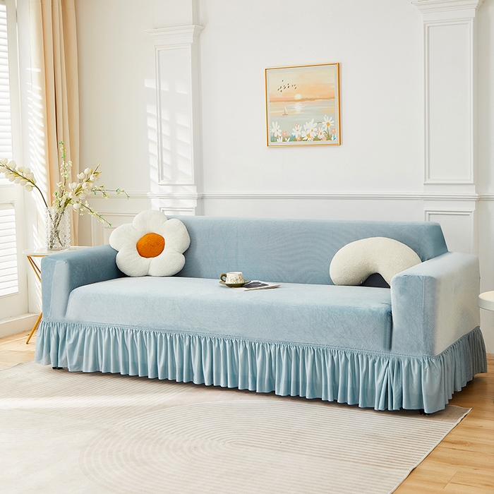 91家纺网 家纺一手货源 找家纺 丝绮鹿 2025新款灯芯绒系列沙发套-竖条-裙摆 雾蓝