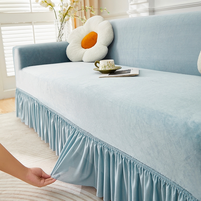 91家纺网 家纺一手货源 找家纺 丝绮鹿 2025新款灯芯绒系列沙发套-竖条-裙摆 雾蓝