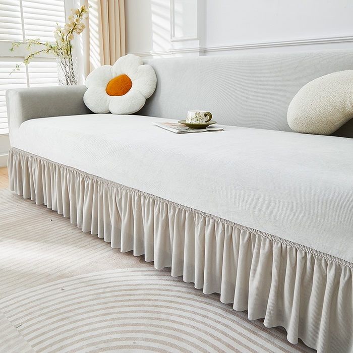 91家纺网 家纺一手货源 找家纺 丝绮鹿 2025新款灯芯绒系列沙发套-竖条-裙摆 浅灰