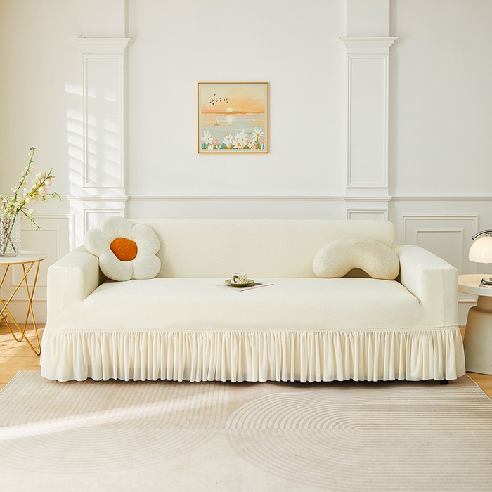 91家纺网 家纺一手货源 找家纺 丝绮鹿 2025新款灯芯绒系列沙发套-竖条-裙摆 米白