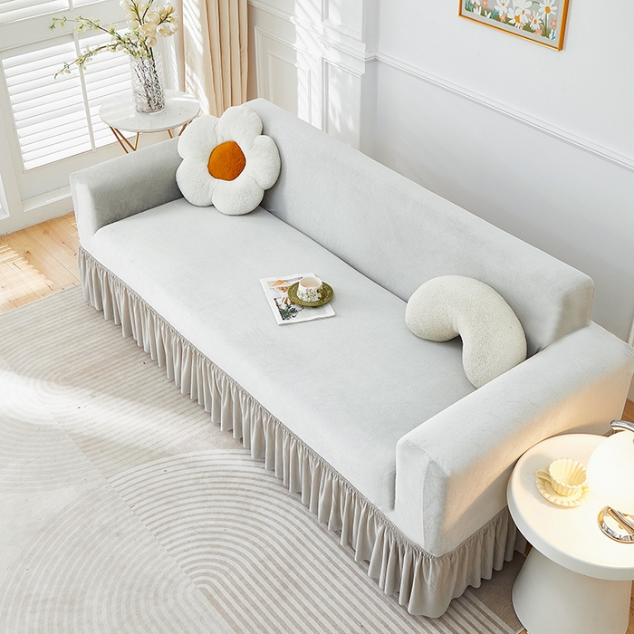 91家纺网 家纺一手货源 找家纺 丝绮鹿 2025新款灯芯绒系列沙发套-竖条-裙摆 浅灰