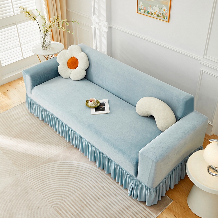 91家纺网 家纺一手货源 找家纺 丝绮鹿 2025新款灯芯绒系列沙发套-竖条-裙摆 雾蓝