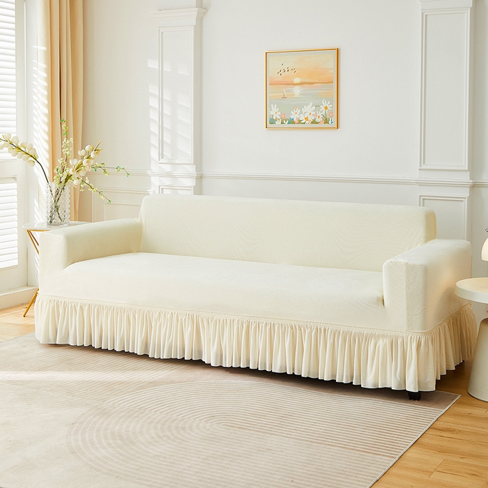 91家纺网 家纺一手货源 找家纺 丝绮鹿 2025新款灯芯绒系列沙发套-竖条-裙摆 米白